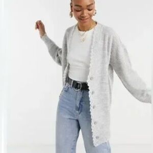 STEELE Ruffled Frill Trim Light Grey Knit Button Down Cardigan Sweater Size XS